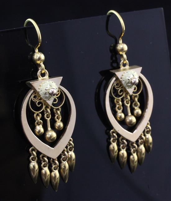 A pair of Victorian style unmarked two colour gold drop earrings, overall 1.75in.